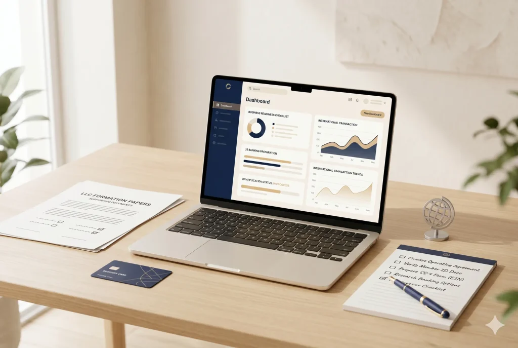 Business banking readiness dashboard with LLC documents, checklist and bank card