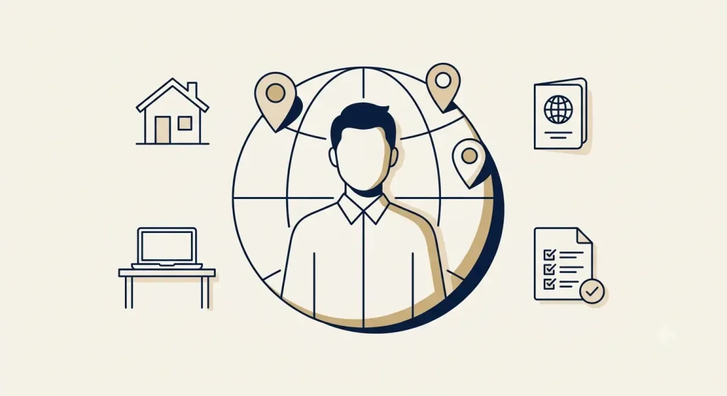 Illustration of an international founder considering residence, tax residency and center of life for an LLC setup.