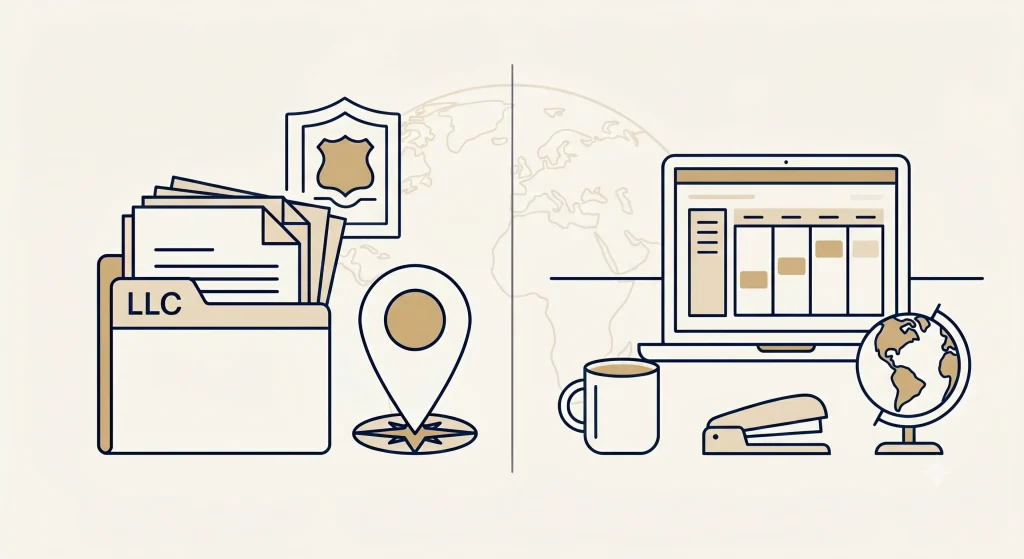 Supporting image for a US LLC blog post explaining the difference between official registration address and real business operating address.