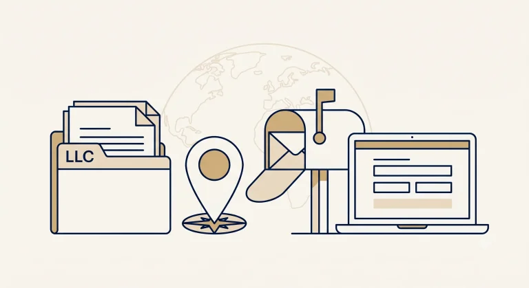 Minimal illustration showing US LLC address types, documents, mailbox and business location.