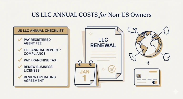 US LLC annual renewal checklist with calendar and international business icons