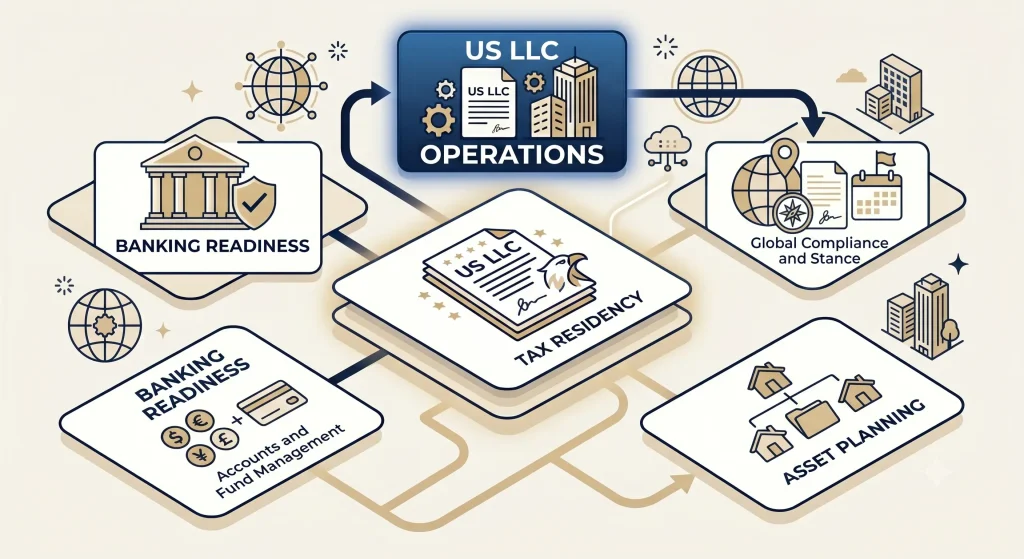 US LLC shown as the first operational layer in a broader international setup