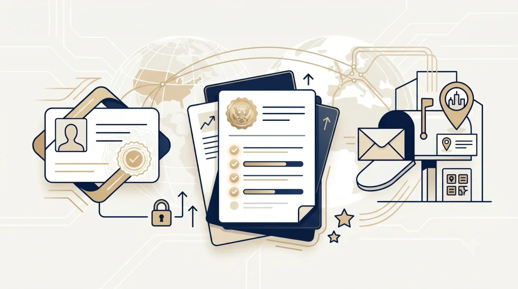 Minimal founder-style illustration for the US LLC Setup waitlist, showing upcoming ITIN Support and Trading Address Support for non-US founders.