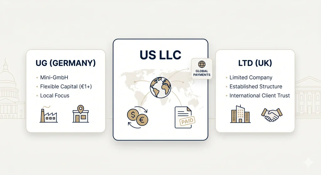 Comparison of US LLC, UG and LTD business structures for freelancers