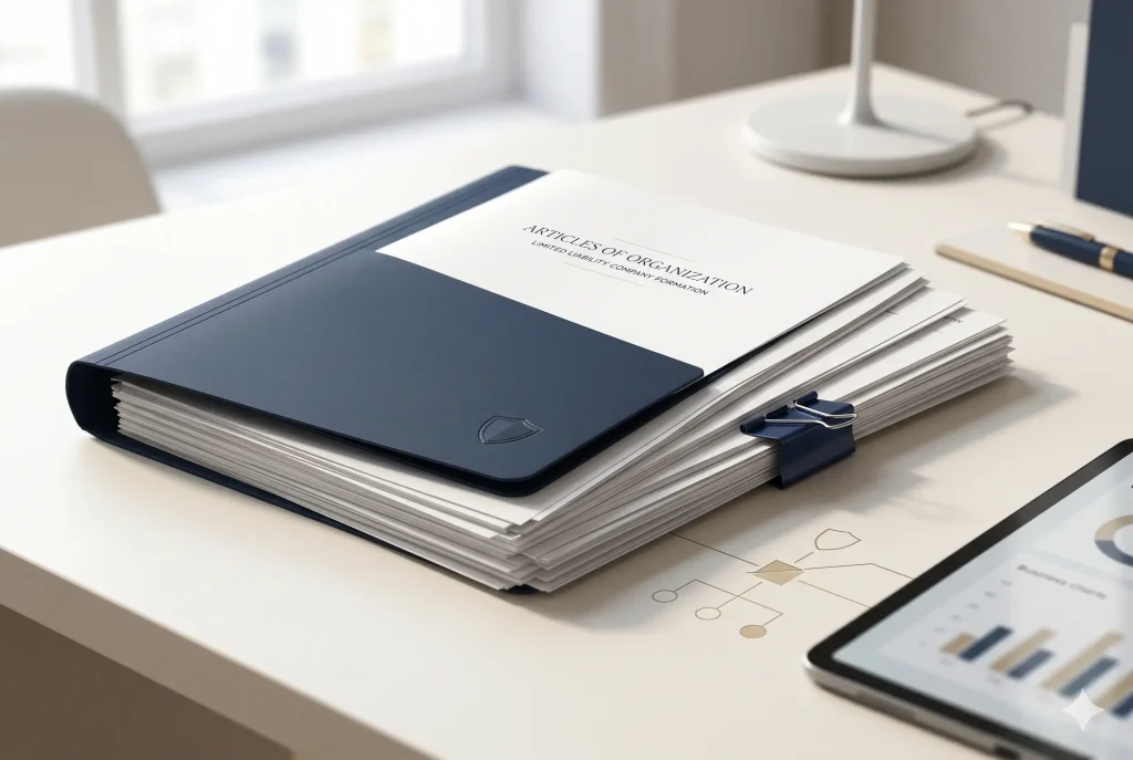 LLC articles of organization documents with a folder and shield symbol representing limited liability