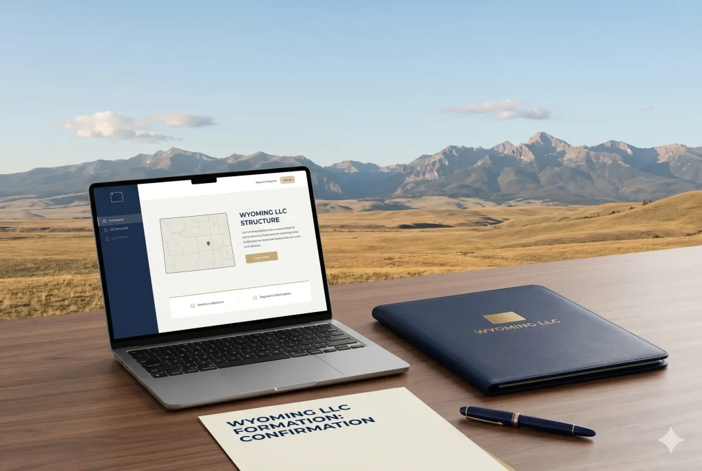 Wyoming LLC formation concept with laptop, documents and Wyoming landscape
