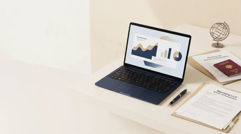 Wyoming LLC formation documents with laptop, passport and business graphics for European founders