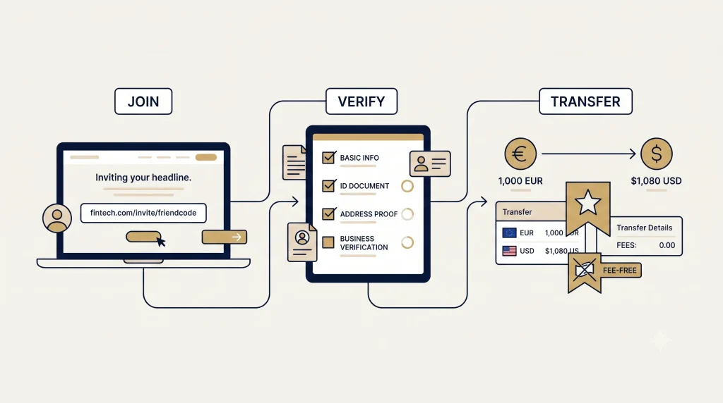 Three-step illustration showing signup, verification and an international fee-free transfer.