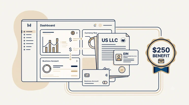 Mercury eligibility guide for European founders with US LLC documents, EIN, fintech dashboard and $250 referral benefit badge.