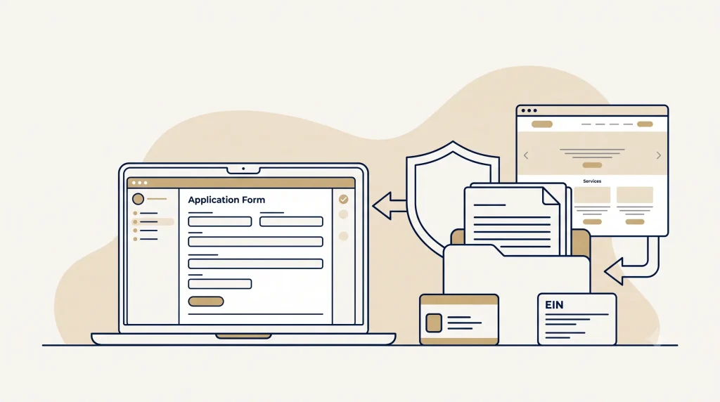 Banking readiness illustration for a Mercury application with US LLC documents, EIN, website and application form.