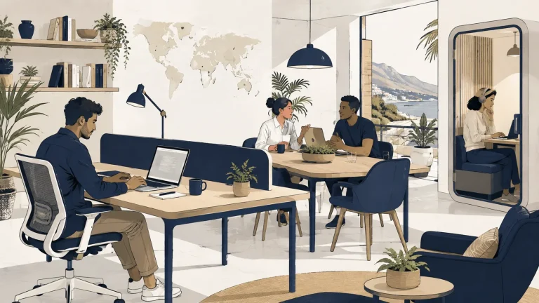 Digital nomads balancing focused remote work and community in a modern coliving space
