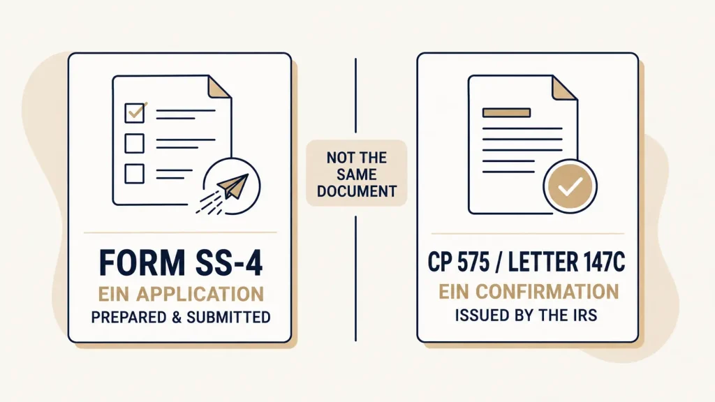 Form SS-4 EIN application compared with CP 575 or Letter 147C EIN confirmation