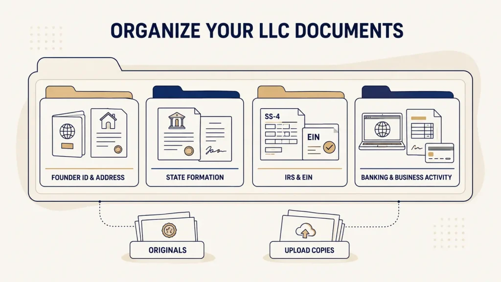 Four-folder system for organizing US LLC documents, originals and upload copies