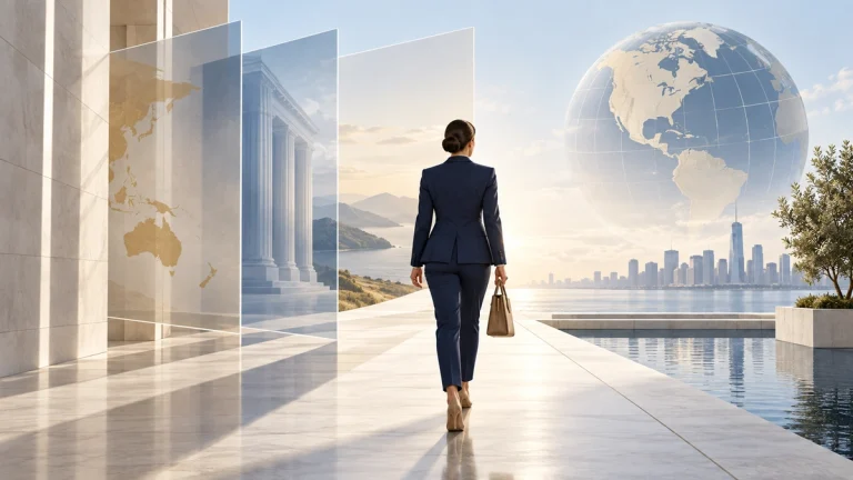International consultant walking toward a clear global business path as multiple translucent tax layers align