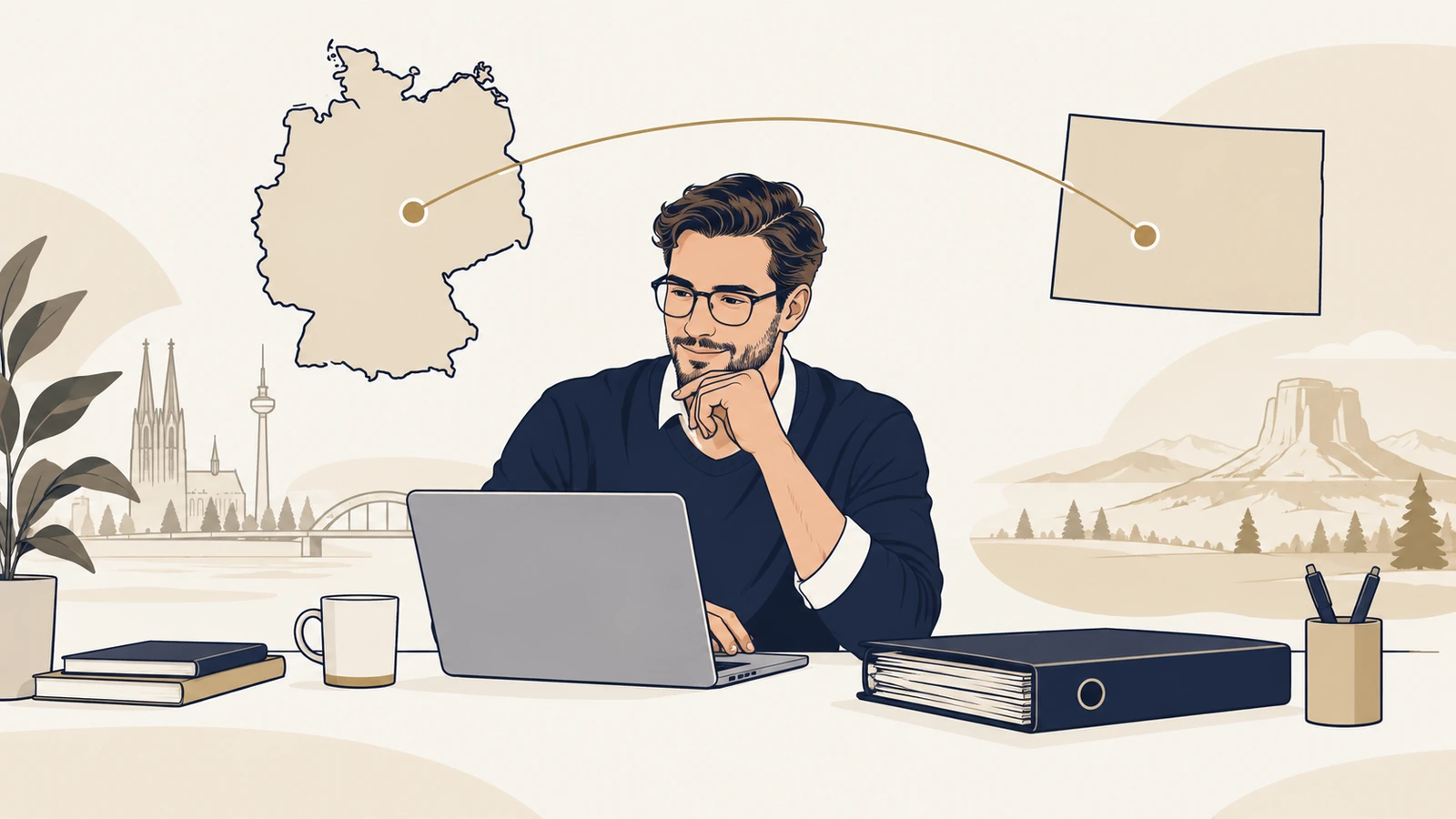 Gründer am Laptop zwischen einer Deutschland- und Wyoming-Darstellung als Symbol für eine US LLC mit Wohnsitz in Deutschland