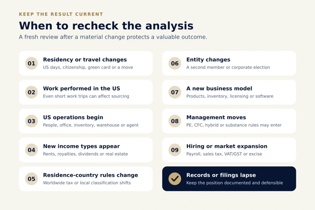 Clean two-column list of life and business changes that trigger a fresh tax review